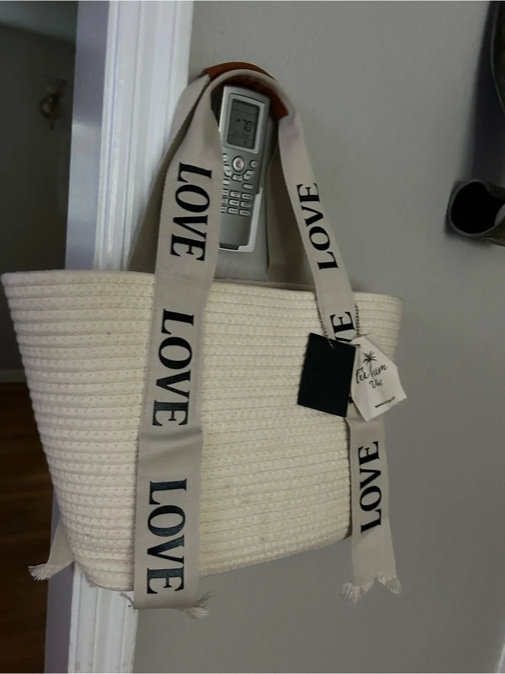 The Yum Vibes Cream Woven Tote with LOVE Shoulder Straps